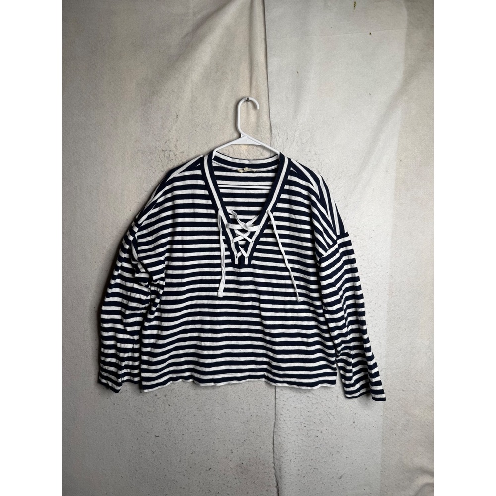 Madewell Womens XL Navy Blue White Striped Lace Up V-Neck Long Sleeve Cotton Top